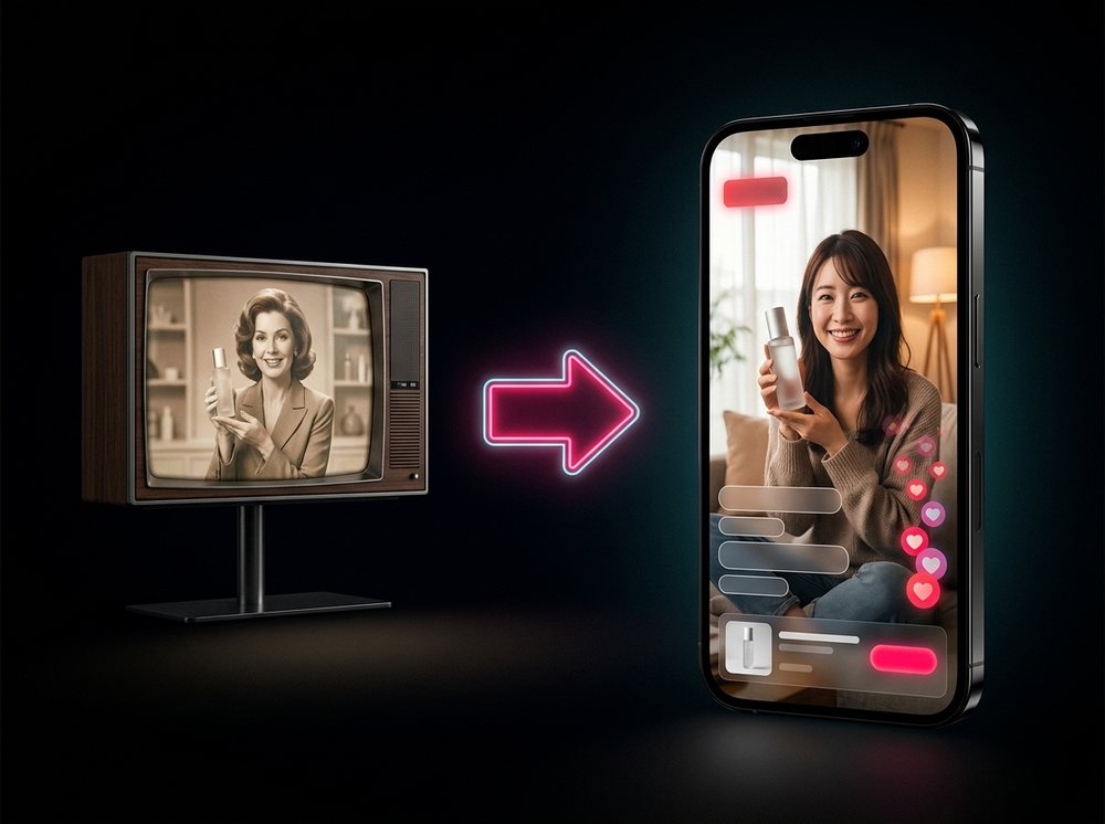 テレビで商品を紹介する人と、スマホのライブ配信で同じ商品を紹介する人のイラスト